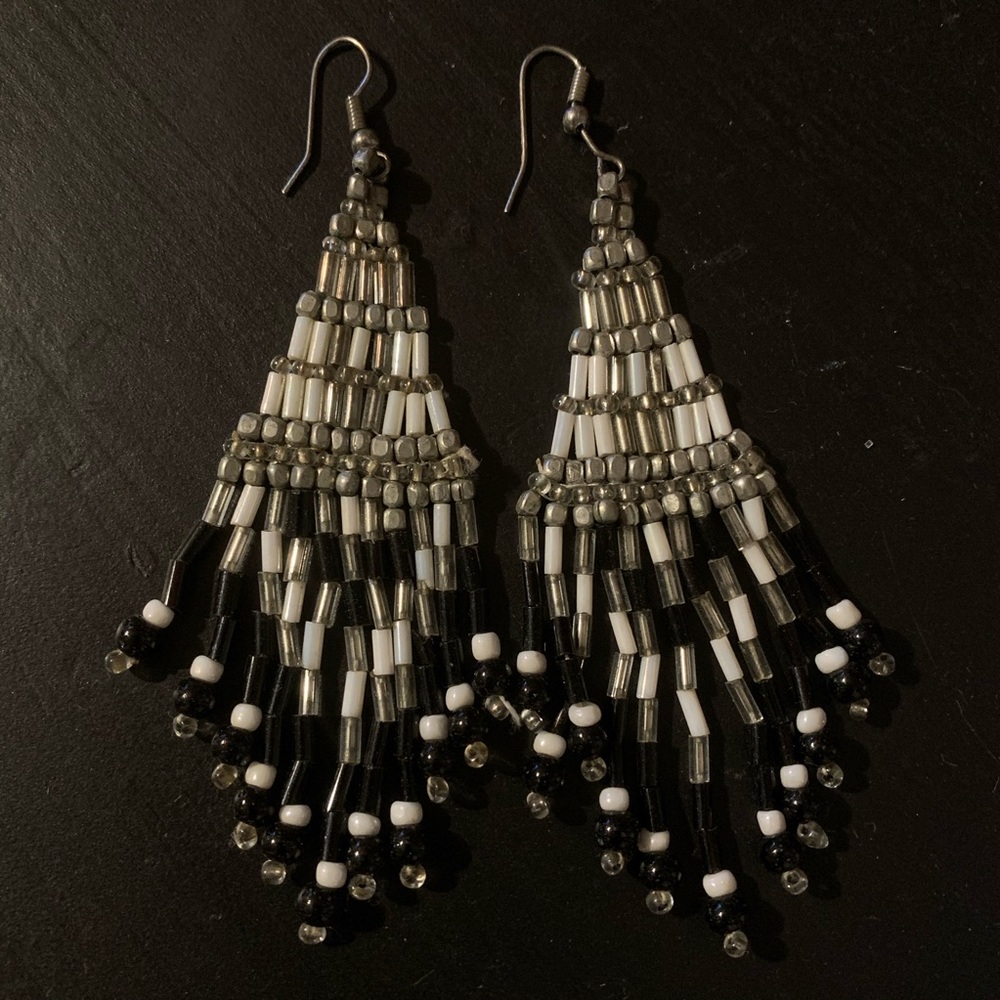 BLACK, WHITE, AND SILVER BEADED EARRINGS